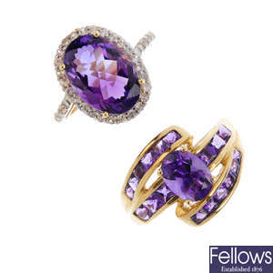 Two 9ct gold amethyst dress rings.