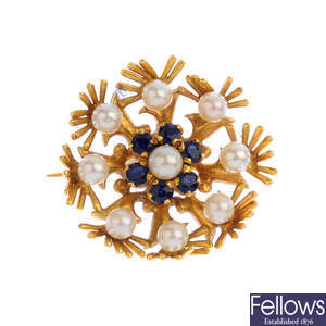 An 18ct gold sapphire and cultured pearl brooch.