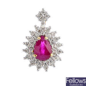 A 9ct gold ruby and diamond pendant.