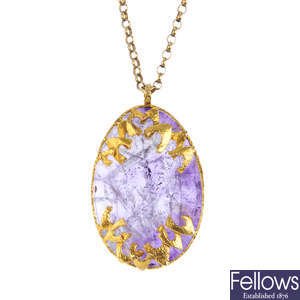 A 1970s 9ct gold amethyst pendant, with chain.