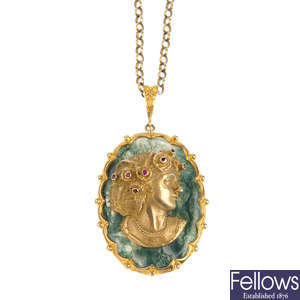 A 1970s 9ct gold moss agate and red gem pendant, with chain.