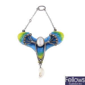 An early 20th century enamel and pearl pendant.