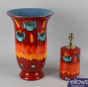 A Poole pottery 'Volcano' pattern large vase, lamp and dish