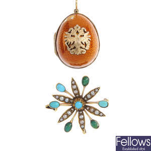 An early 20th century 15ct gold turquoise and split pearl floral pendant/brooch and an enamel egg pendant.