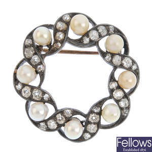 A late Victorian silver and gold, cultured pearl and diamond wreath brooch.