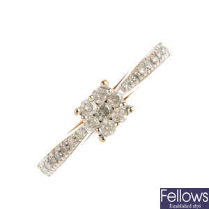 A 9ct gold diamond floral cluster ring.