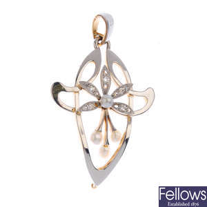 An Art Nouveau 15ct gold seed pearl and diamond pendant.
