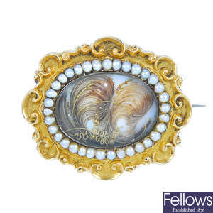 An early Victorian gold split pearl memorial brooch.