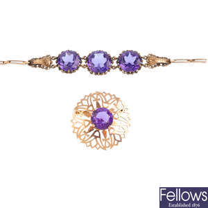 A synthetic colour-change sapphire bracelet and brooch.