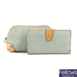 MULBERRY - a blue Scotchgrain purse and make-up pouch.