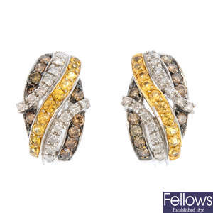 A pair of diamond, 'coloured diamond' and sapphire earrings.