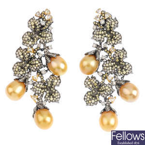 A pair of dyed pearl, diamond and gem-set earrings.