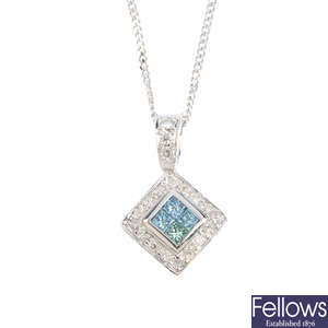 A diamond and colour treated diamond pendant, with chain.