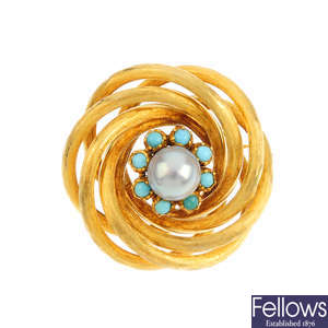 A mid 20th century gold cultured pearl and turquoise brooch.
