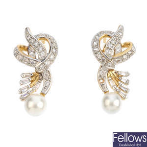 A pair of 9ct gold cultured pearl and cubic zirconia earrings.