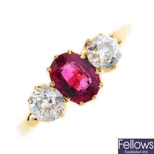 An early 20th century 18ct gold spinel and diamond three-stone ring.