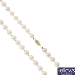 A cultured pearl single-strand necklace.