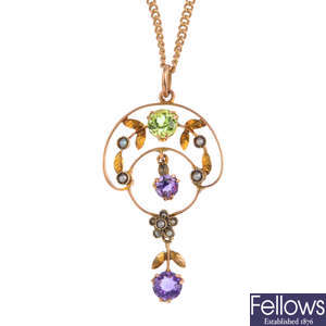 An early 20th century 9ct gold gem-set pendant, with chain.