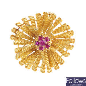 A mid 20th century 18ct gold ruby brooch.