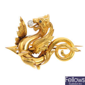 A late Victorian gold and diamond dragon brooch.