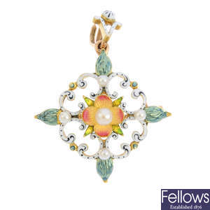 A late Victorian gold, seed pearl and enamel pendant.