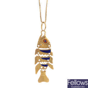 An enamel fish pendant, with a box-link chain.