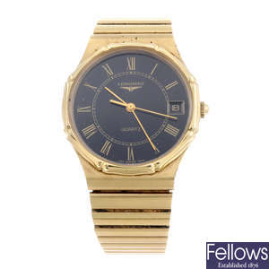 LONGINES - a gentleman's gold plated bracelet watch.