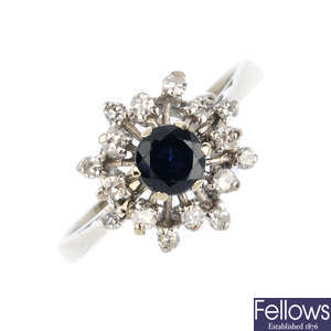 A 1970s 18ct gold sapphire and diamond cluster ring.