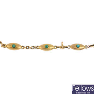 An early 20th century gold turquoise and gem-set bracelet.
