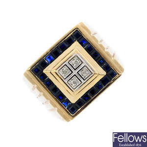 A gentleman's 9ct gold sapphire and diamond ring.