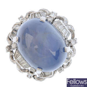 A star sapphire and diamond ring.