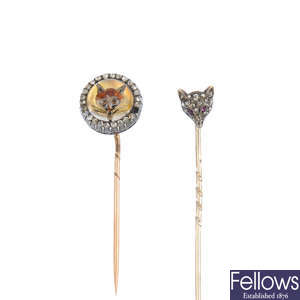 Two early 20th century gold diamond fox stickpins.