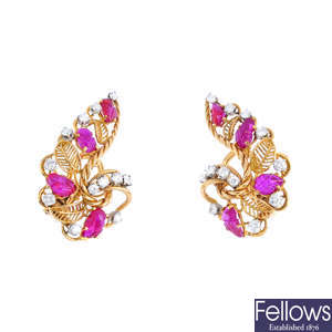 A pair of mid 20th century ruby and diamond earrings.