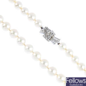 A cultured pearl single-strand necklace, with diamond clasp.