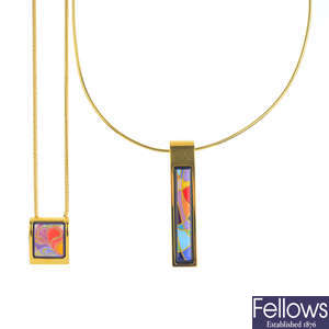 FREY WILLE - two enamel pendants, with chains.