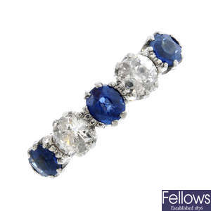 A sapphire and diamond five-stone ring. 