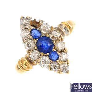 A late Victorian 18ct gold sapphire and diamond cluster ring.