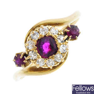 An early 20th century 18ct gold, ruby and diamond dress ring.