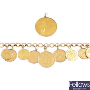 A 9ct gold bracelet and coin pendant.