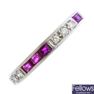 A diamond and ruby full eternity ring.