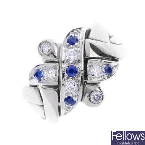 A sapphire and diamond puzzle ring.