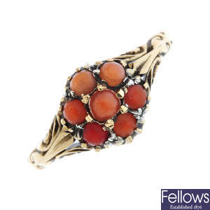 An early 20th century 18ct gold coral cluster ring.