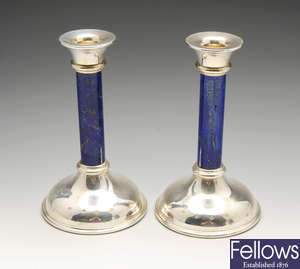 A modern pair of Scottish silver & lapis lazuli candlesticks by Asprey & Co Ltd.