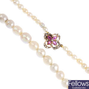 A natural pearl single-strand necklace.