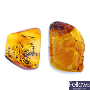 Two natural amber pieces and a silver natural Baltic amber ring with spider inclusion.