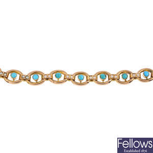 An early 20th century gold turquoise and split pearl bracelet.