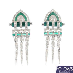 A pair of diamond and chalcedony earrings.