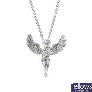 An angel pendant, with 18ct gold chain.