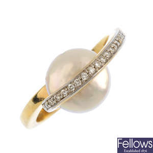 A cultured freshwater pearl and diamond ring.