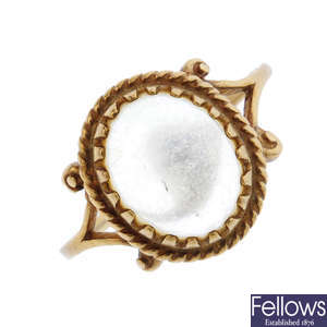 An Edwardian 9ct gold split pearl brooch and a 9ct gold paste single-stone ring.